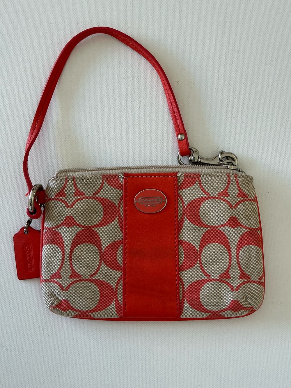 Coach Signature Canvas Wristlet Pouch Red Khaki Zip Clutch Wallet